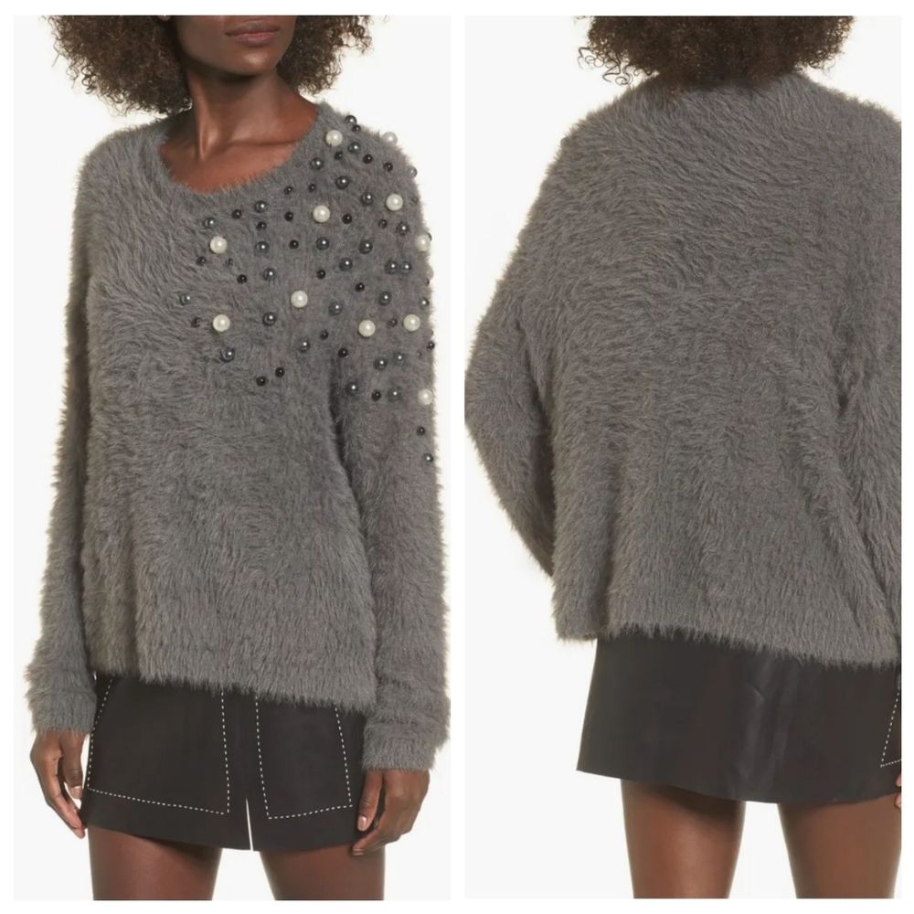 Leith Faux-Fur Embellished Beaded Gray Sweater M NWT